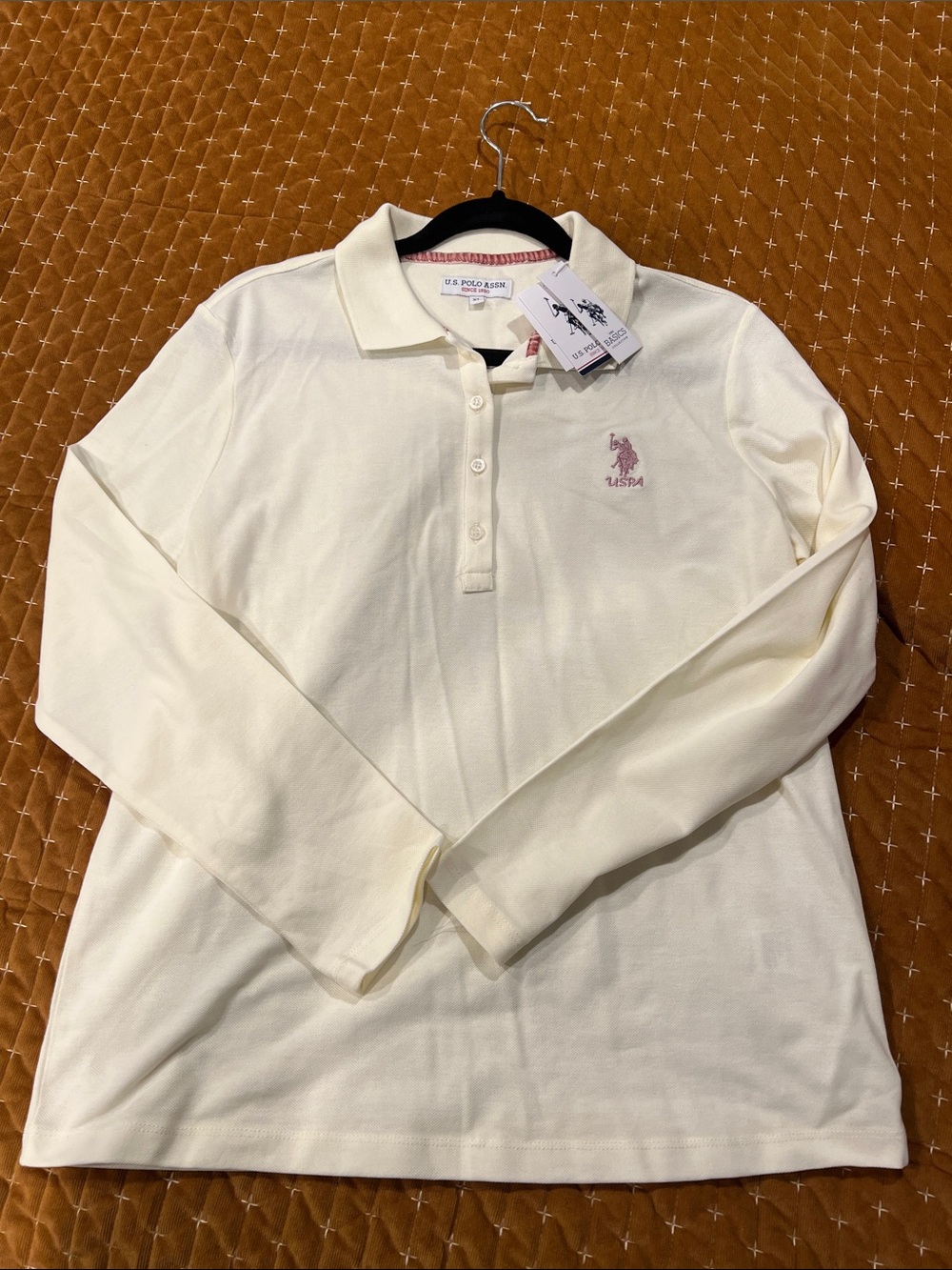 U.S. Polo Assn. Cream Long Sleeve Polo with Pink Embroidered Logo